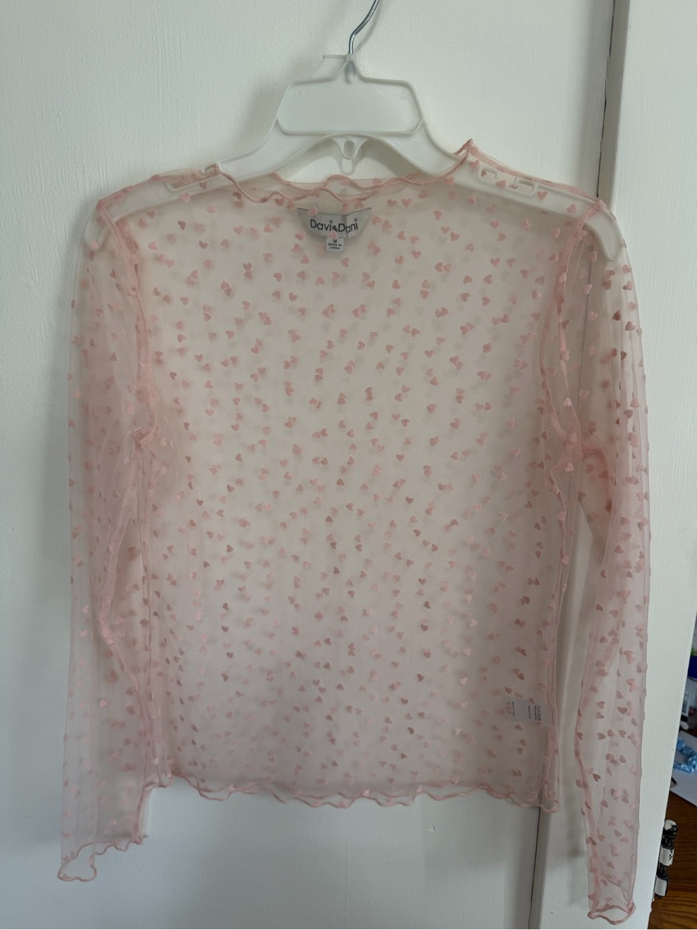 Sheer Pink Heart Mesh Long-Sleeve Top